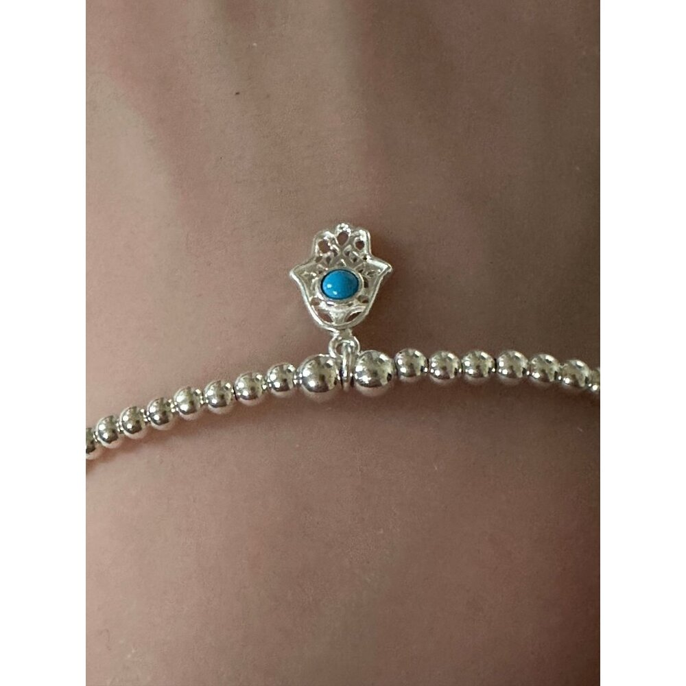 925 Sterling Silver Beaded Stretch Stacking Bracelet Hamsa Charm Minimalist S7" - Picture 4 of 5
